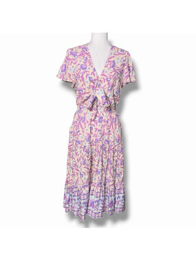 Walker & Wade Purple Floral Midi Dress Small V Neck Bow Tie Coastal Cruise Beach